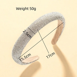Close-up of luxury full rhinestone padded headband showing 2.5cm width and 50g weight