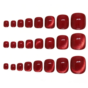 Dark red cat eye press-on toenails with glitter, full set of multi-size square nail tips