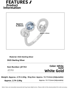 S925 sterling silver ring detail showing 6.36mm light blue zircon and adjustable band size