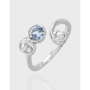 S925 Sterling Silver Adjustable Opening Ring For Women Light Blue Rhinestone Minimalist INS Style Fashion Finger Jewelry