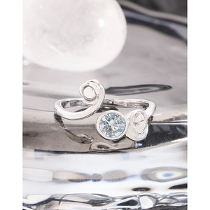 S925 sterling silver open ring with wavy curves and a round light blue zircon stone
