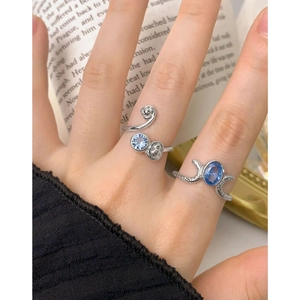 S925 sterling silver open ring with light blue zircon and vintage textured engraving
