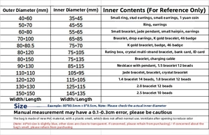 Size chart for PVC jewelry storage bags showing dimensions for rings and bracelets