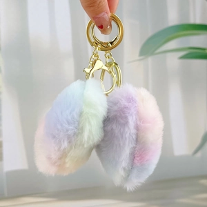 Rainbow gradient faux fur heart plush keychain with golden metal clasp hardware