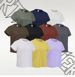 Close-up of crewneck short sleeve t-shirts stacked in ten various solid colors