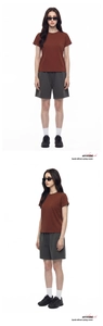 Front and side view of slim fit brown short sleeve T-shirt with grey drawstring shorts