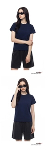 Detail of navy cool-touch t-shirt and black drawstring shorts set for summer