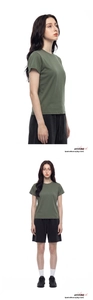 Detail view of military green crew neck T-shirt with slim fit and cotton texture