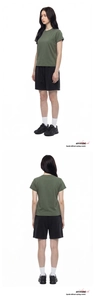 Front and back view of olive green short sleeve T-shirt and black drawstring shorts set