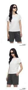 Close-up of minimalist HEIQ cooling white T-shirt and charcoal drawstring casual shorts
