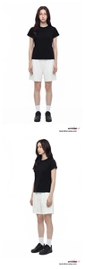 Front and side view of a black quick-dry cooling T-shirt with white drawstring shorts