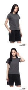 Detail of grey quick-dry cooling T-shirt and black drawstring shorts for summer