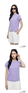 Detail of lavender round neck t-shirt and white drawstring shorts on a model