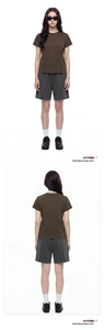 Front and back view of a slim fit brown cooling T-shirt with grey athletic shorts