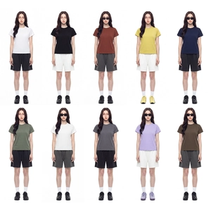 Women's crew neck short sleeve T-shirts shown in ten diverse colors in a 2x5 grid