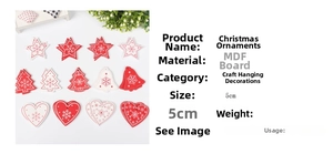 Detailed view of red and white MDF Christmas ornaments featuring star and heart shapes