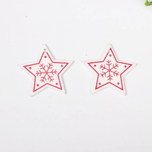 Set of 2 Christmas star-shaped wooden ornaments with red snowflake design and hanging holes