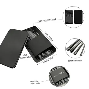 12-piece professional soft fiber makeup brush set in portable black metal tin box
