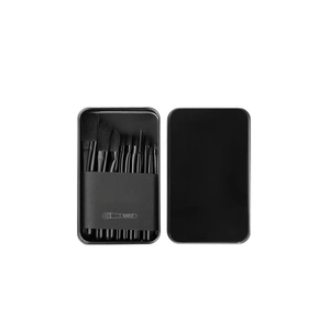 12-piece professional black makeup brush set with metal storage case on white background