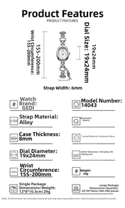 Detailed specs of GEDI silver quartz watch with oval dial and fish charm chain link
