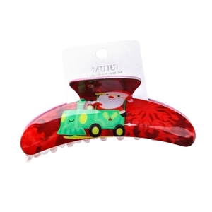 Red 11.5cm acrylic Christmas hair claw clip with Santa Claus and train patterns