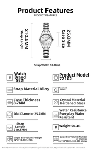 Detailed sizing chart and specifications for the luxury women's quartz bracelet watch