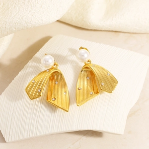 Vintage stainless steel pearl earrings with gold leaf design and zircon accents