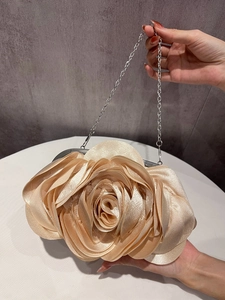 Elegant champagne gold satin rose evening clutch bag with metallic chain strap