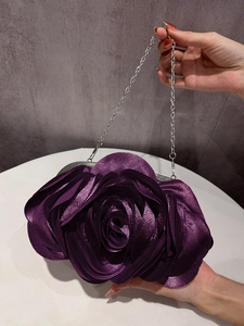 Elegant deep purple 3D rose flower evening clutch bag with silver chain strap for weddings