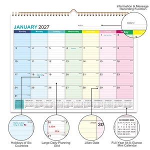 Detail view of 2027 calendar page with spiral binding and 3.9x5cm daily grid boxes