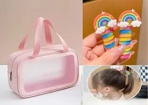 Pink salon toy bag with transparent window and colorful cloud pattern hair accessories