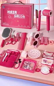 Kids hair salon play set with toy hair dryer and accessories in pink carrying case