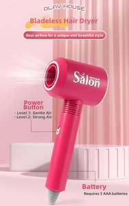 Detail of pink hair dryer toy with two speed settings for kids hair salon role play
