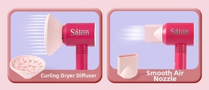 Detail of pink toy hair dryer showing diffuser and concentrator nozzle attachments