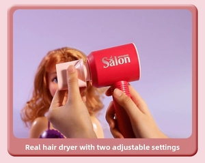 Close-up of toy hair dryer with real airflow and two-speed settings for salon role play