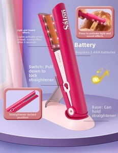 Detail of toy flat iron with light and sound effects on a pink stand for hair salon play