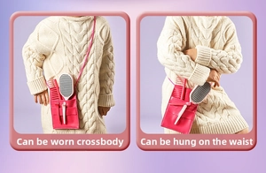 Pink salon toy bag with multiple slots shown as crossbody and waist-mounted styles