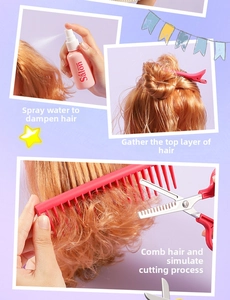 Detailed kids salon playset with pink spray bottle, red styling comb, and salon scissors