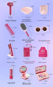 Detailed view of hair salon playset with pink hair dryer, combs, and apron sizes shown