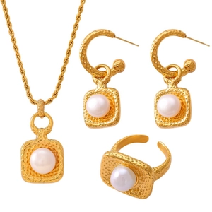 British style gold hammered texture jewelry set with freshwater pearls and elegant design