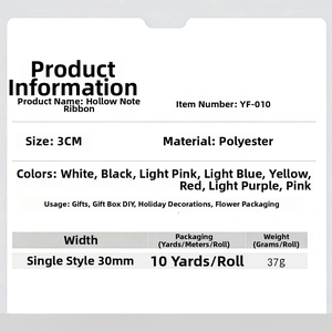Detailed specifications of 30mm hollow musical note ribbon showing size and material