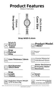 Detailed specs of elegant women's quartz watch showing dimensions and alloy band details