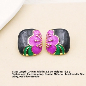 Detail of vintage square enamel earrings with floral patterns and measurement data