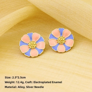 Macro view of vintage enamel flower earrings with measurement and weight details