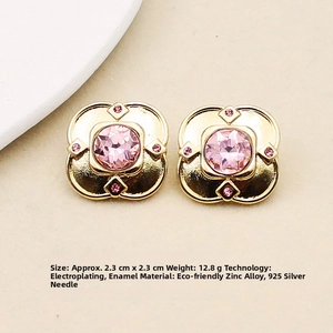 Detail view of gold square floral earrings with pink crystals and S925 silver needles