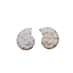 Vintage style seashell stud earrings with pink enamel and gold metallic spiral details
