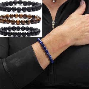 Natural lava rock and tiger eye stone bead bracelet set for men and women 4-piece pack