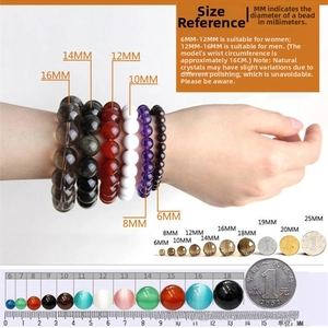 Size chart for natural crystal bracelets showing bead diameters from 6mm up to 18mm