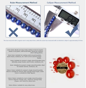 Detailed size guide for natural crystal beads showing measurements from 2mm to 20mm diameter