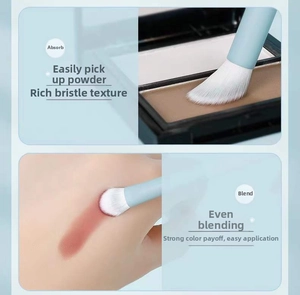 Detail of light blue makeup brush showing superior powder pickup and blending on skin